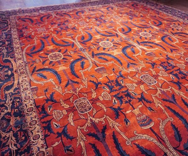Antique indian lahore carpet 26'×23'7" rust field, blue border, mughal-inspired design, circa 1890 - detail view 2