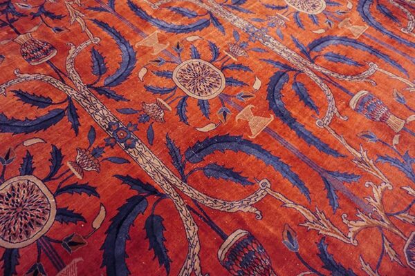 Antique indian lahore carpet 26'×23'7" rust field, blue border, mughal-inspired design, circa 1890 - detail view 3