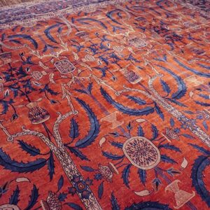 Antique Indian Lahore Carpet 26'×23'7" Rust Field, Blue Border, Mughal-Inspired Design, Circa 1890 - detail view 4