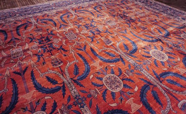 Antique indian lahore carpet 26'×23'7" rust field, blue border, mughal-inspired design, circa 1890 - detail view 4