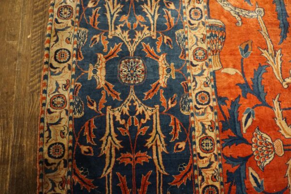 Antique indian lahore carpet 26'×23'7" rust field, blue border, mughal-inspired design, circa 1890 - detail view 5