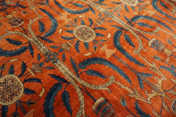 Antique indian lahore carpet 26'×23'7" rust field, blue border, mughal-inspired design, circa 1890 - detail view 6