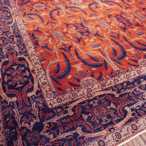 Antique Indian Lahore Carpet 26'×23'7" Rust Field, Blue Border, Mughal-Inspired Design, Circa 1890 - detail view 7