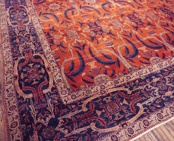 Antique indian lahore carpet 26'×23'7" rust field, blue border, mughal-inspired design, circa 1890 - detail view 7