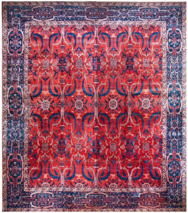 Antique indian lahore carpet 26'×23'7" rust field, blue border, mughal-inspired design, circa 1890 - detail view 8