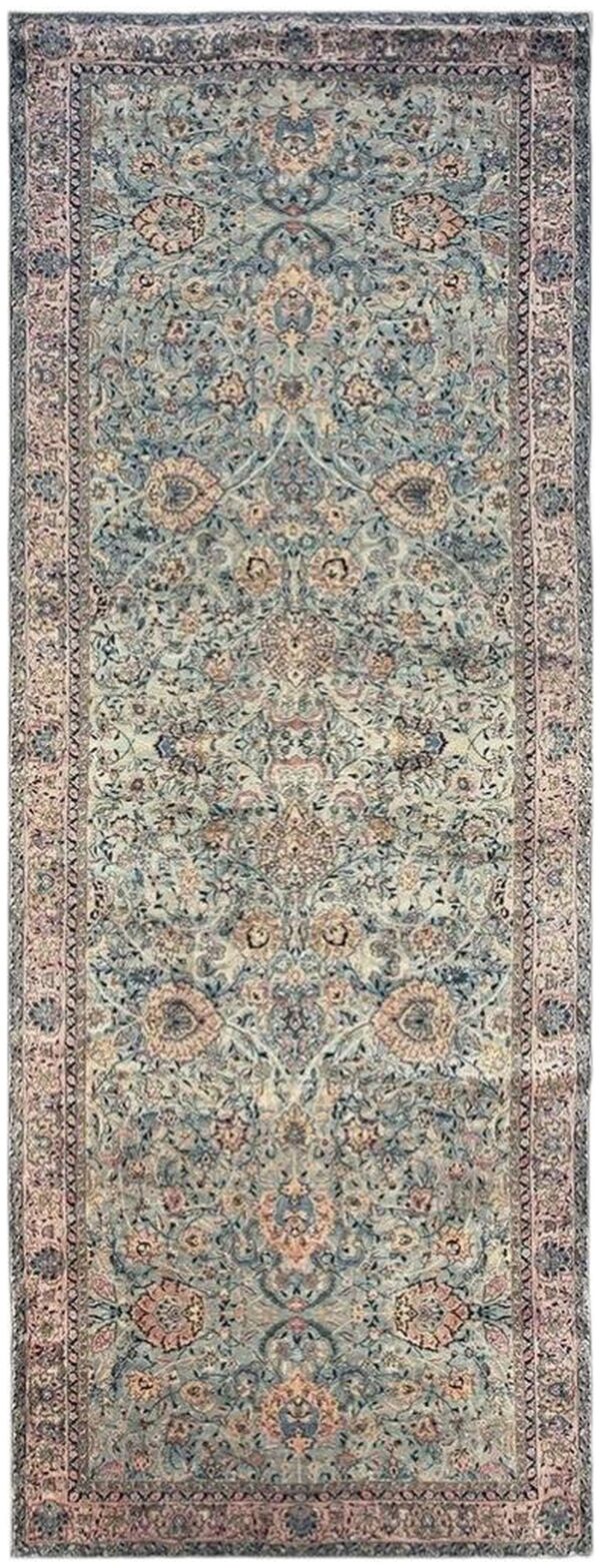 Antique indian shahrestan runner 6'6"×18'4" sky blue floral, pink border, circa 1920