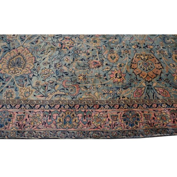Antique indian shahrestan runner 6'6"×18'4" sky blue floral, pink border, circa 1920 - detail view 3