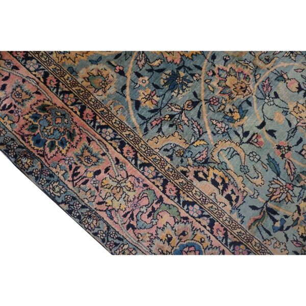 Antique indian shahrestan runner 6'6"×18'4" sky blue floral, pink border, circa 1920 - detail view 4