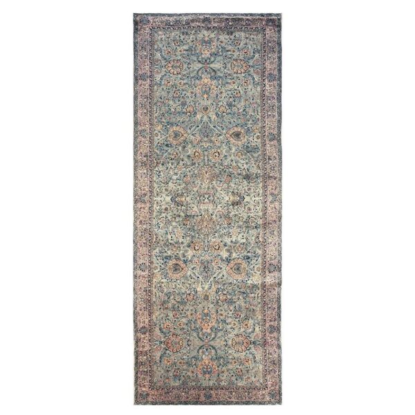 Antique indian shahrestan runner 6'6"×18'4" sky blue floral, pink border, circa 1920 - detail view 7