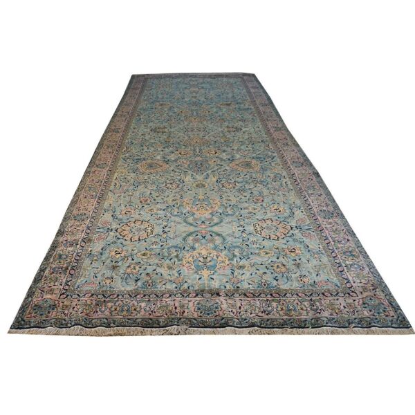 Antique indian shahrestan runner 6'6"×18'4" sky blue floral, pink border, circa 1920 - detail view 8