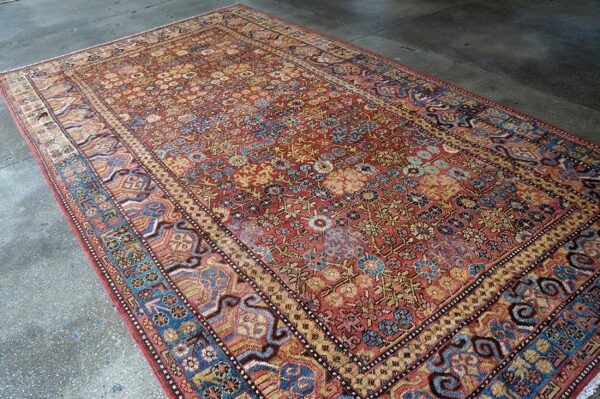 Antique khotan carpet 6'6"×11'6" persimmon & light blue, circa 1800 4 Antique khotan carpet 6'6"×11'6" persimmon & light blue, circa 1800 - detail view 3