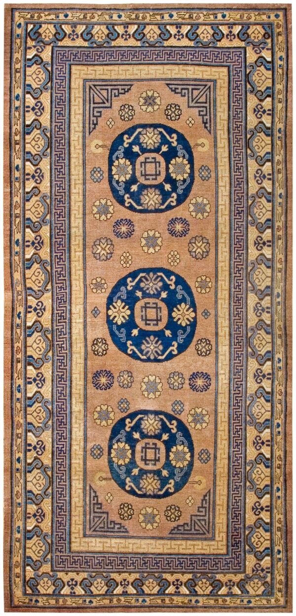 Antique khotan carpet 6'3"×13'5" plum & yellow medallion, circa 1870, east turkestan