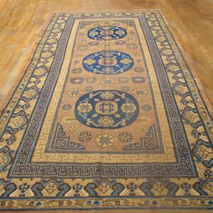 Antique Khotan Carpet 6'3"×13'5" Plum & Yellow Medallion, Circa 1870, East Turkestan - detail view 1