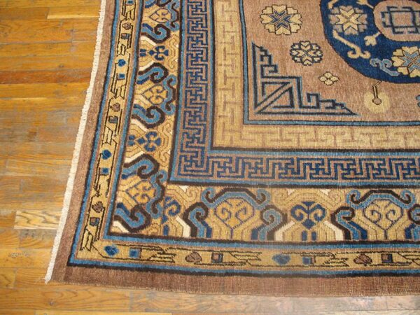 Antique khotan carpet 6'3"×13'5" plum & yellow medallion, circa 1870, east turkestan - detail view 2