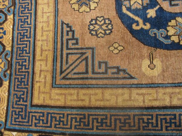 Antique khotan carpet 6'3"×13'5" plum & yellow medallion, circa 1870, east turkestan - detail view 5