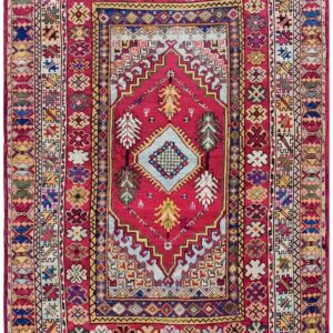 Antique Moroccan Rabat Carpet 6'8"×9'6" Red Medallion, Hand-Knotted Wool, 1900s