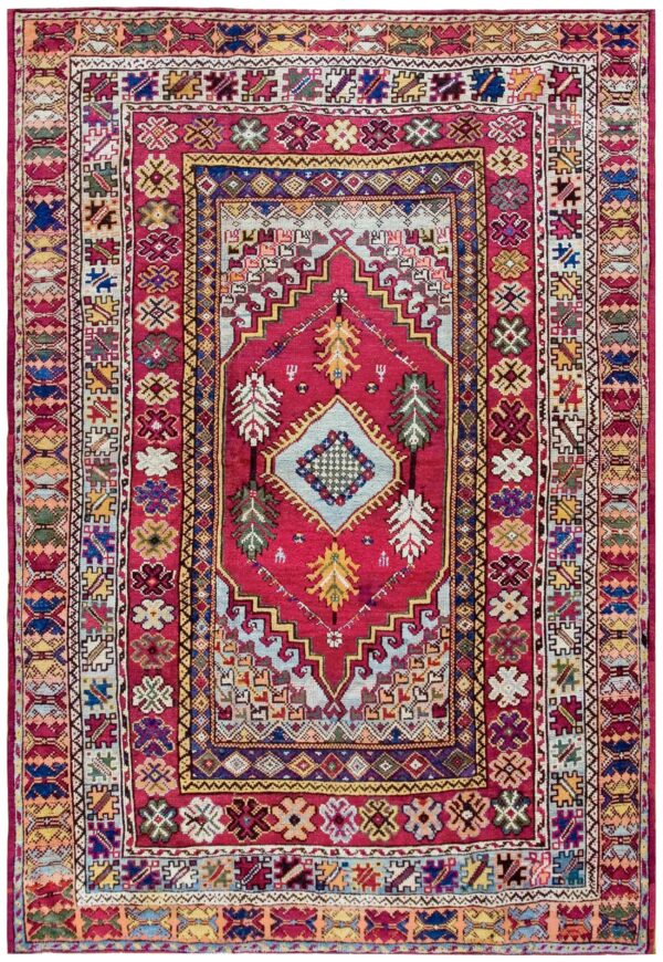 Antique moroccan rabat carpet 6'8"×9'6" red medallion, hand-knotted wool, 1900s 1 Antique moroccan rabat carpet 6'8"×9'6" red medallion, hand-knotted wool, 1900s