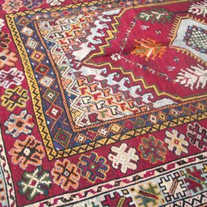 Antique Moroccan Rabat Carpet 6'8"×9'6" Red Medallion, Hand-Knotted Wool, 1900s - detail view 2