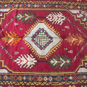 Antique Moroccan Rabat Carpet 6'8"×9'6" Red Medallion, Hand-Knotted Wool, 1900s - detail view 3