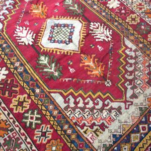 Antique Moroccan Rabat Carpet 6'8"×9'6" Red Medallion, Hand-Knotted Wool, 1900s - detail view 5