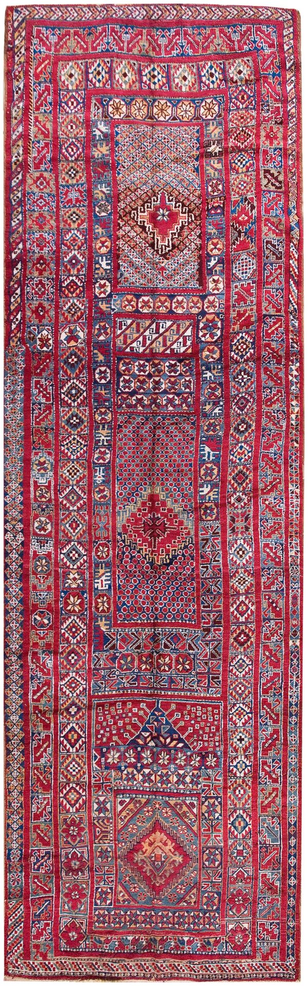 Antique moroccan rabat rug 5'6"×18'3" multicolor geometric, 1920s