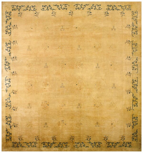 Antique n. Chinese mongolian carpet 16'10"ã—17'10" dusty rose & camel, square format, circa 1900