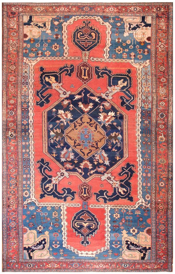 Antique n. W. Persian bakhshaiesh carpet 10'8"×16'10" blue & red, hand-knotted wool, 1880s