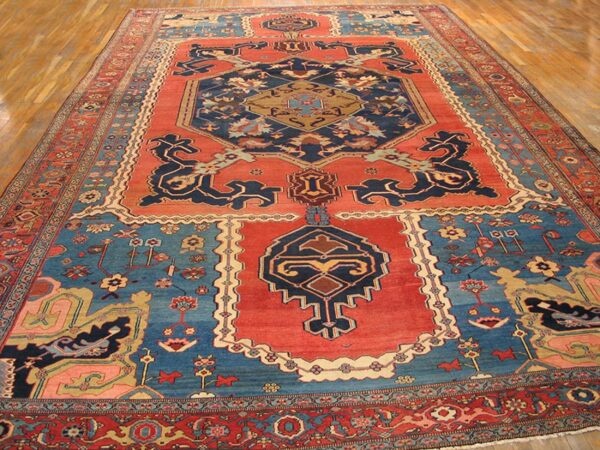 Antique n. W. Persian bakhshaiesh carpet 10'8"×16'10" blue & red, hand-knotted wool, 1880s - detail view 1