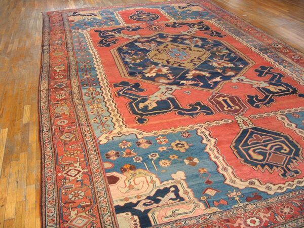Antique n. W. Persian bakhshaiesh carpet 10'8"×16'10" blue & red, hand-knotted wool, 1880s - detail view 3