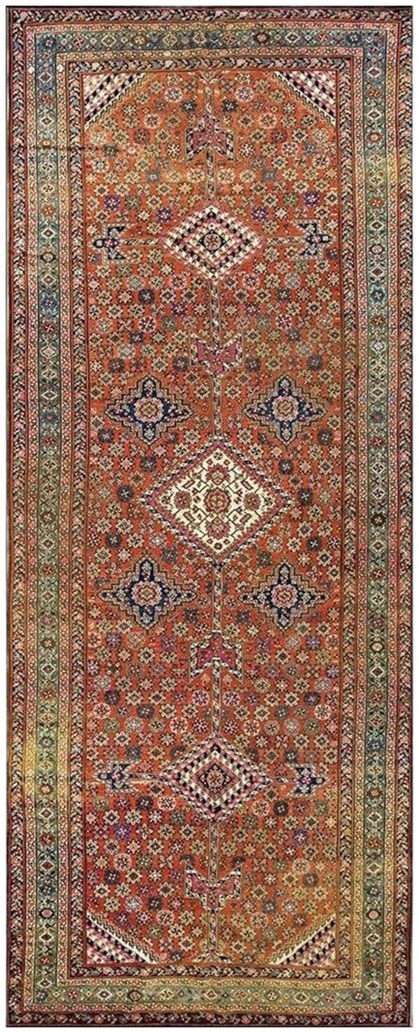 Antique n. W. Persian bakshaiesh gallery carpet 6'8"×17' red field, teal green border, circa 1880
