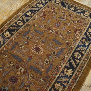 Antique N.W. Persian Heriz Rug 3'7"×5'9" Camel Field, Dark Blue Border, Floral, Circa 1920 - detail view 4