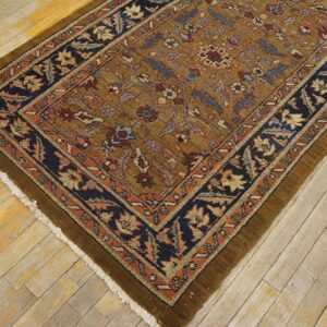 Antique N.W. Persian Heriz Rug 3'7"×5'9" Camel Field, Dark Blue Border, Floral, Circa 1920 - detail view 6