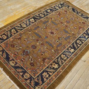 Antique N.W. Persian Heriz Rug 3'7"×5'9" Camel Field, Dark Blue Border, Floral, Circa 1920 - detail view 7