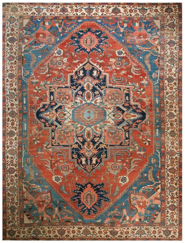Antique n. W. Persian serapi carpet 11'10"ã—15'10" rust field, tan border, red medallion, 1890s