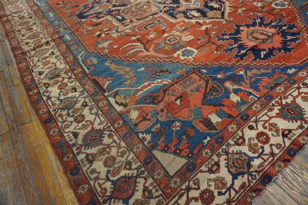 Antique n. W. Persian serapi carpet 11'10"ã—15'10" rust field, tan border, red medallion, 1890s - detail view 10