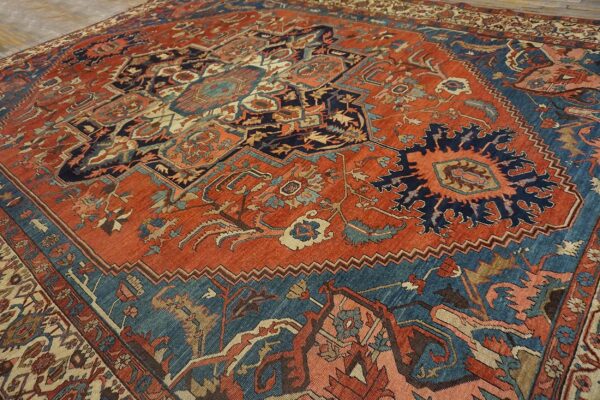 Antique n. W. Persian serapi carpet 11'10"ã—15'10" rust field, tan border, red medallion, 1890s - detail view 11