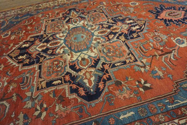 Antique n. W. Persian serapi carpet 11'10"ã—15'10" rust field, tan border, red medallion, 1890s - detail view 12