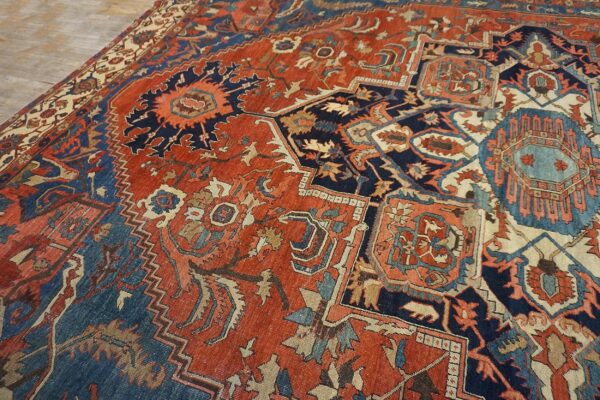 Antique n. W. Persian serapi carpet 11'10"ã—15'10" rust field, tan border, red medallion, 1890s - detail view 13