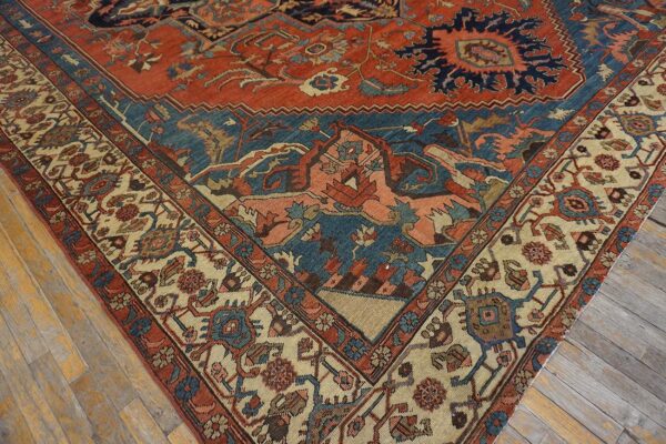 Antique n. W. Persian serapi carpet 11'10"ã—15'10" rust field, tan border, red medallion, 1890s - detail view 2