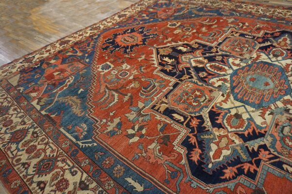 Antique n. W. Persian serapi carpet 11'10"ã—15'10" rust field, tan border, red medallion, 1890s - detail view 3