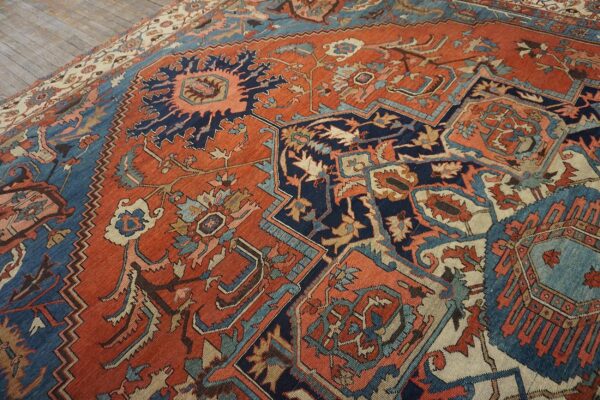 Antique n. W. Persian serapi carpet 11'10"ã—15'10" rust field, tan border, red medallion, 1890s - detail view 6