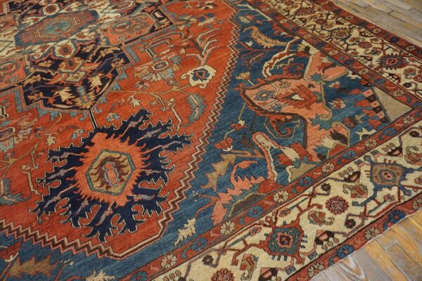 Antique n. W. Persian serapi carpet 11'10"ã—15'10" rust field, tan border, red medallion, 1890s - detail view 7