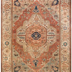 Antique N.W. Persian Serapi Carpet 11'6"×15'10" Salmon Rose Medallion, 1880s