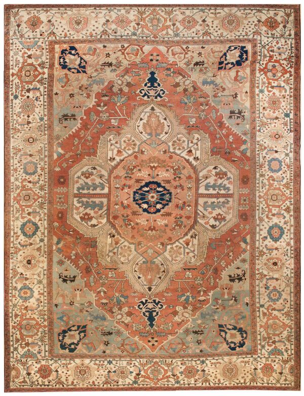 Antique n. W. Persian serapi carpet 11'6"×15'10" salmon rose medallion, 1880s