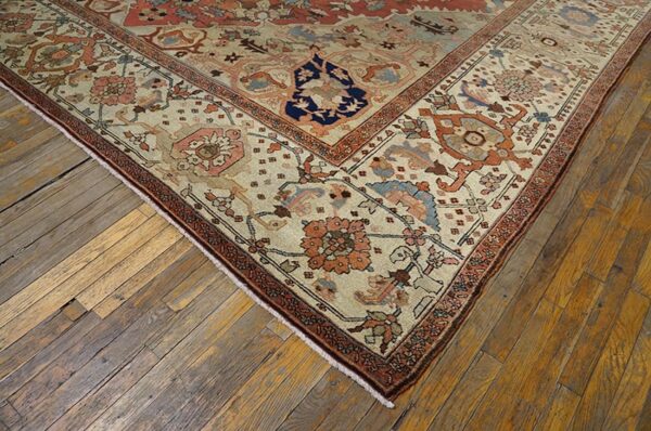 Antique n. W. Persian serapi carpet 11'6"×15'10" salmon rose medallion, 1880s - detail view 2