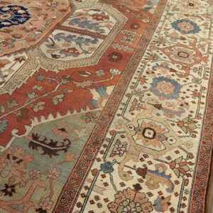 Antique N.W. Persian Serapi Carpet 11'6"×15'10" Salmon Rose Medallion, 1880s - detail view 3