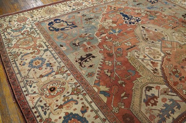 Antique n. W. Persian serapi carpet 11'6"×15'10" salmon rose medallion, 1880s - detail view 4