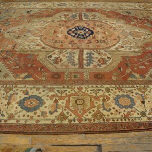 Antique N.W. Persian Serapi Carpet 11'6"×15'10" Salmon Rose Medallion, 1880s - detail view 6