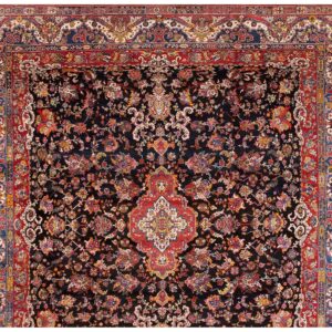 Antique Persian Bakhtiari Carpet 15'6"×16'10" Black Field, Teal Blue Border, Mid 20th Century, Circa 1940