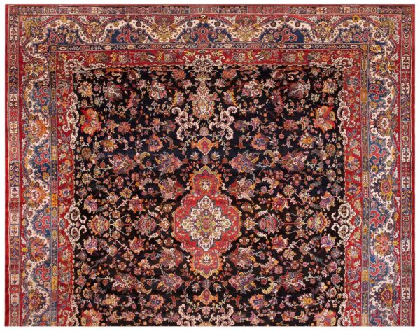 Antique persian bakhtiari carpet 15'6"×16'10" black field, teal blue border, mid 20th century, circa 1940